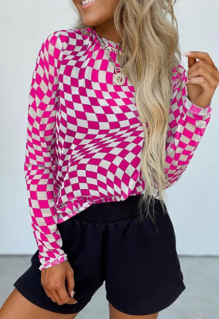 Pink Checkered Mesh Top